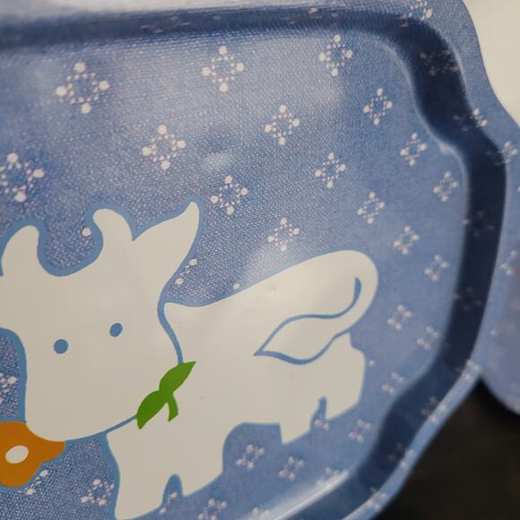 1980s Country Calico Tin Snack Trays Set of 4 Farm Animals Blue Floral Cottage - Picture 6 of 9